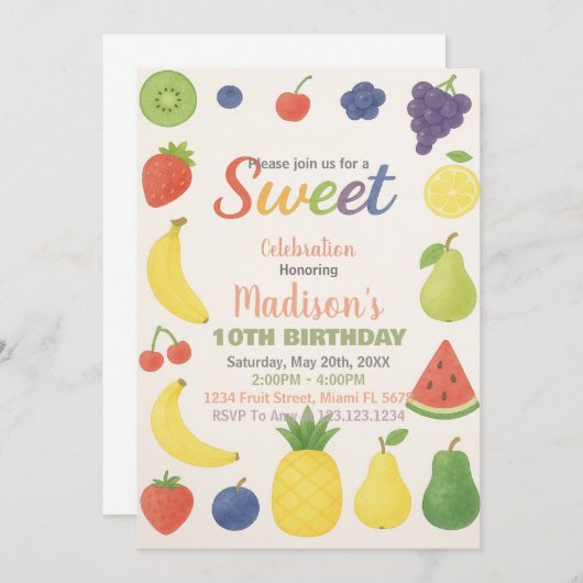 トロピカルシトラスフルーツ誕生日招待状 招待状 (正面/裏面)