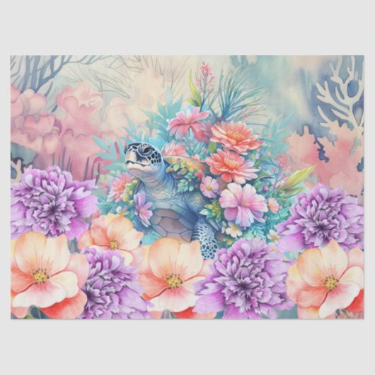 トロピカルシーカメ&ウォータカラー花模様 薄葉紙 (正面)