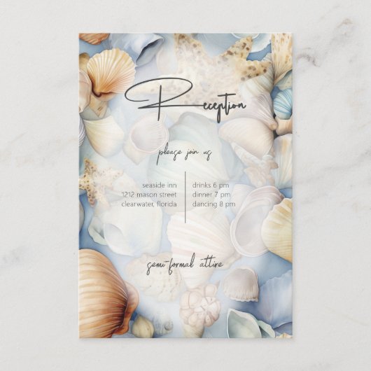 トロピカルシーシェルのシーンモダンウェディングレセプション エンクロージャーカード (正面)