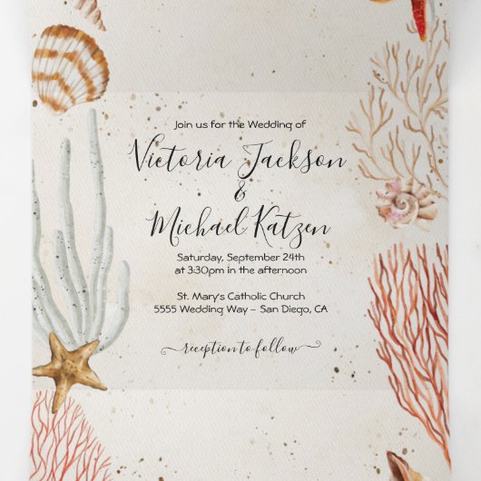 トロピカルシーシェル&サンゴサンディビーチ結婚式 三つ折り招待状 (内部中)