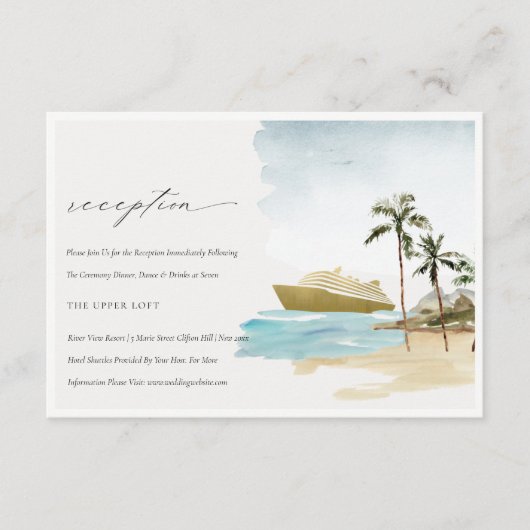 トロピカルシースケープクルーズパームウェディングレセプション エンクロージャーカード (正面)