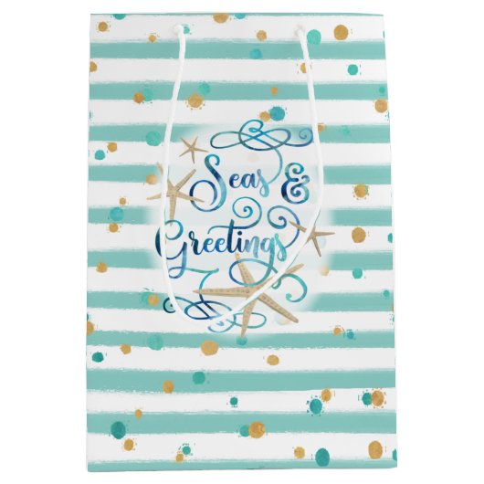 トロピカルシーソンの挨拶、アクアストライプ・ドット ミディアムペーパーバッグ (正面)