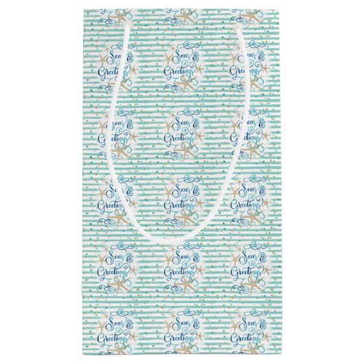 トロピカルシーソンの挨拶、ティール（緑がかった色）ストライプとドット スモールペーパーバッグ (裏面)
