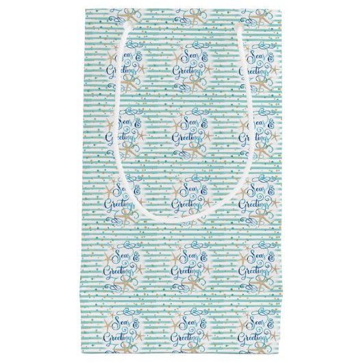 トロピカルシーソンの挨拶、ティール（緑がかった色）ストライプとドット スモールペーパーバッグ (正面)