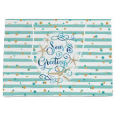 トロピカルシーソンの挨拶，ティール（緑がかった色）ストライプの，ドット ラージペーパーバッグ (正面)