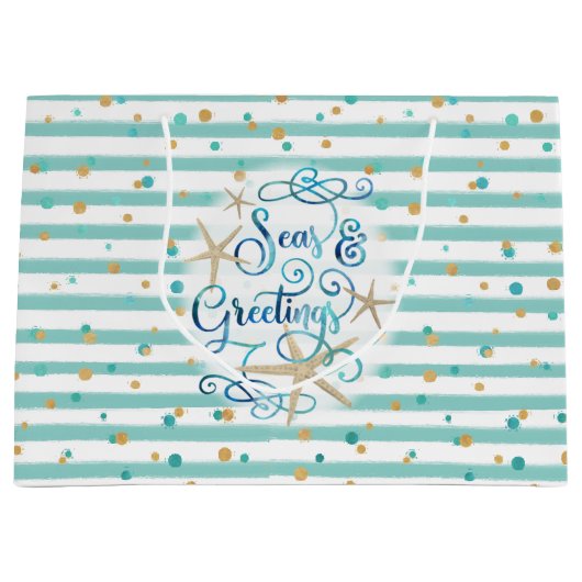 トロピカルシーソンの挨拶，ティール（緑がかった色）ストライプの，ドット ラージペーパーバッグ (正面)