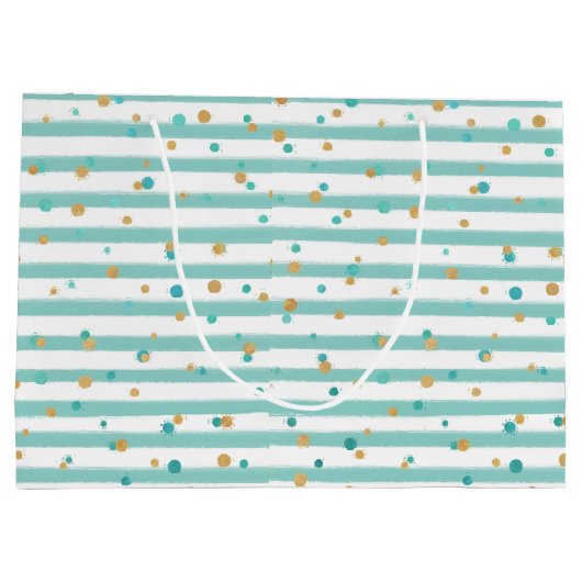 トロピカルシーソンの挨拶，ティール（緑がかった色）ストライプの，ドット ラージペーパーバッグ (裏面)