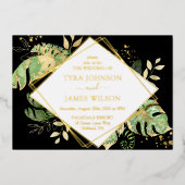 トロピカルジオメトリックブラック&ゴールド結婚フォイル 箔招待状 (正面)
