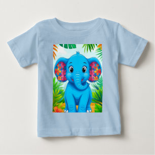 トロピカルジャングルの中の鮮やかな青い象のキャラクター ベビーTシャツ