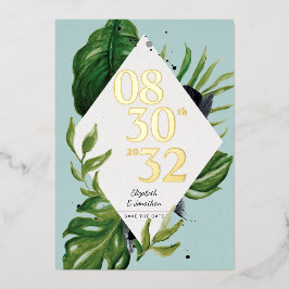 トロピカルジャングルの葉のモダンな青いデザインのSave the Dateカード 箔招待状