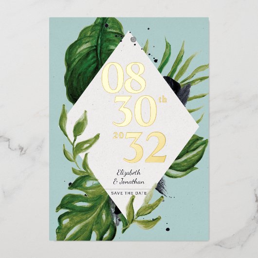 トロピカルジャングルの葉のモダンな青いデザインのSave the Dateカード 箔招待状 (正面)
