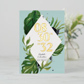 トロピカルジャングルの葉のモダンな青いデザインのSave the Dateカード 箔招待状 (立ち正面)