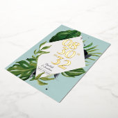 トロピカルジャングルの葉のモダンな青いデザインのSave the Dateカード 箔招待状 (回転した状態)