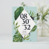 トロピカルジャングルの葉のモダンな青いSave the Date (スタンド正面)