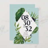 トロピカルジャングルの葉のモダンな青いSave the Date (正面/裏面)