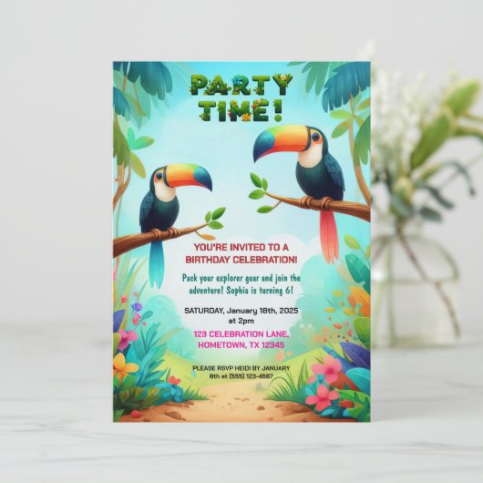 トロピカルジャングルの誕生日パーティー子供へ招待 招待状 (スタンド正面)