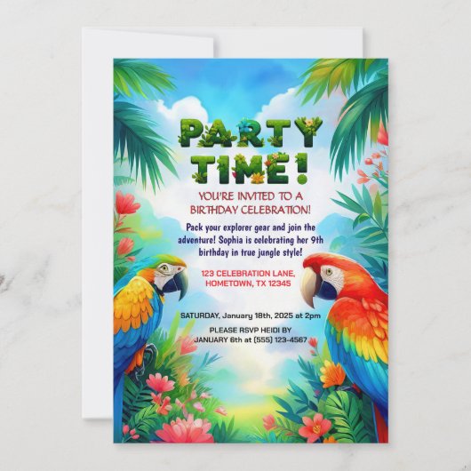 トロピカルジャングルの誕生日パーティー子供へ招待 招待状 (正面)