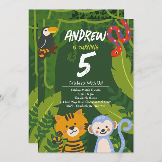 トロピカルジャングルアニマル誕生日招待状 招待状 (正面/裏面)