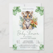 トロピカルジャングルサファリかわいいタイガーガールベビーシャワー 招待状 (正面)
