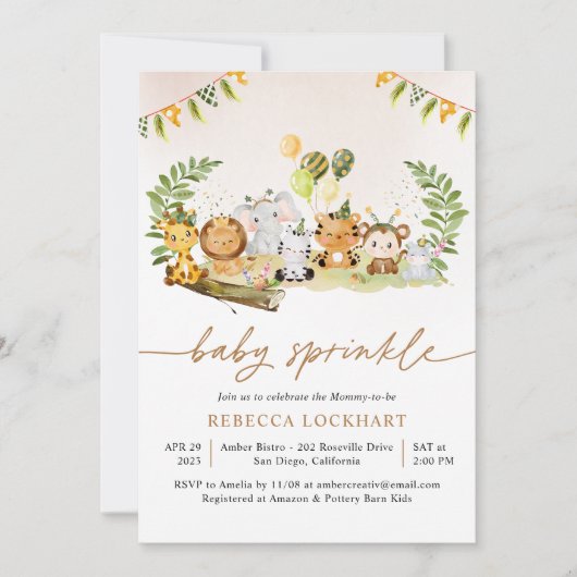 トロピカルジャングルサファリアニマルズガールベビー散水 招待状 (正面)