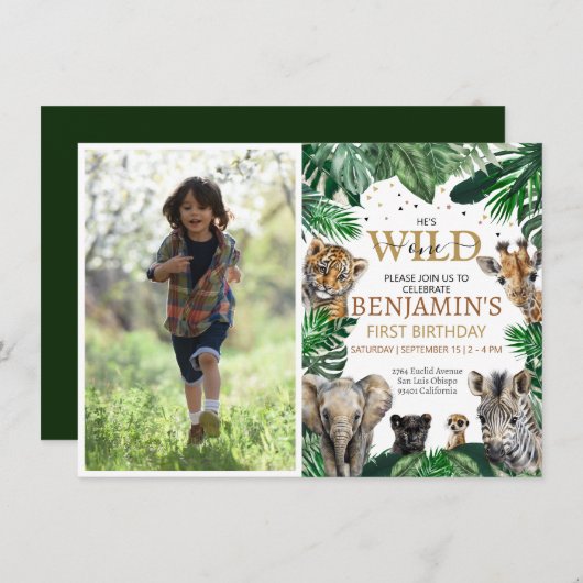 トロピカルジャングルサファリアニマルズ誕生日 招待状 (正面/裏面)