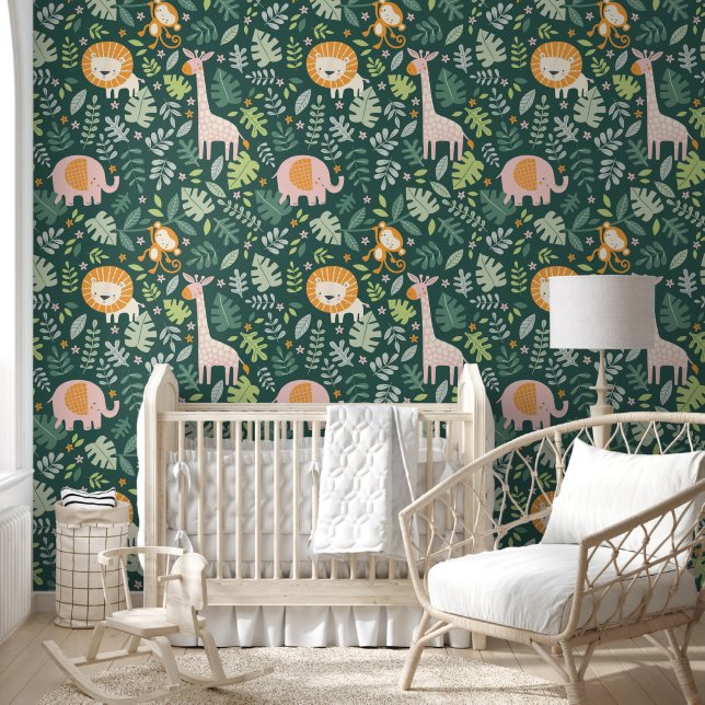 トロピカルジャングルサファリアニマルパター 壁紙 (キッズ)