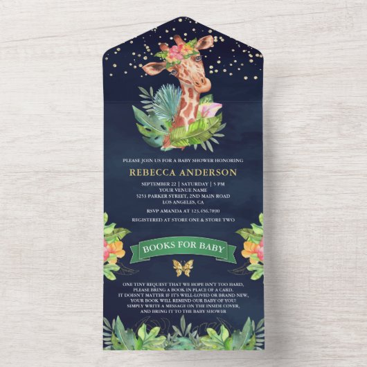 トロピカルジャングルサファリキリン海軍ベビーシャワー オールインワン招待状 (内側)