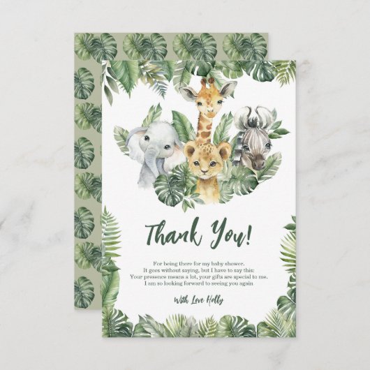 トロピカルジャングルサファリベビーエレファントジラフェゼブラ サンキューカード (正面/裏面)