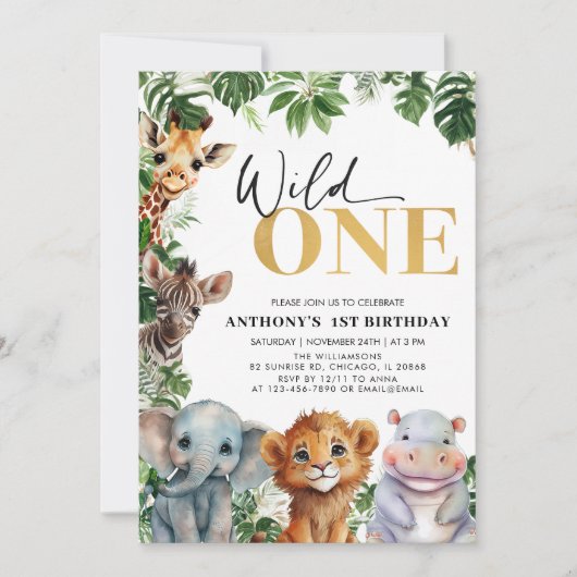トロピカルジャングルサファリワイルドワン誕生日 招待状 (正面)