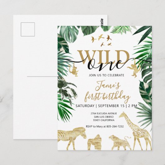 トロピカルジャングルサファリ動物たち　１歳の誕生日 ポストカード (正面/裏面)