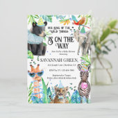 トロピカルジャングルサファリ動物の男の子のベビーシャワー 招待状 (スタンド正面)