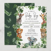 トロピカルジャングルサファリ動物の男の子ベビーシャワー 招待状 (正面/裏面)