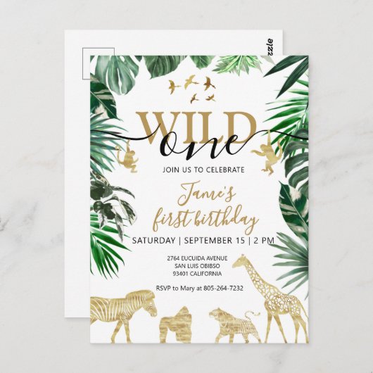 トロピカルジャングルサファリ動物の1歳誕生日 ポストカード (正面/裏面)