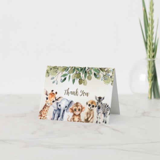 トロピカルジャングルサファリ動物グリーンの葉のパーティー サンキューカード (正面)