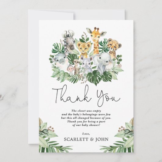 トロピカルジャングル動物サファリパーティーベビーシャワー サンキューカード (正面)