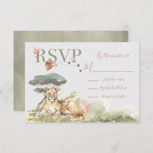 トロピカルジャングル結婚ライオンの応答カードRSVP 出欠カード (正面/裏面)