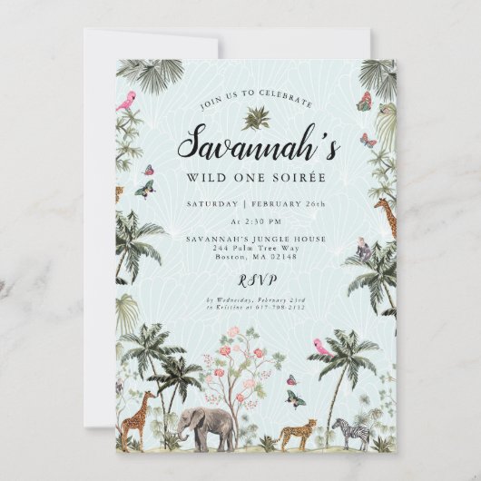 トロピカルジャングル 動物 | ワイルドガール 誕生日 招待状 (正面)