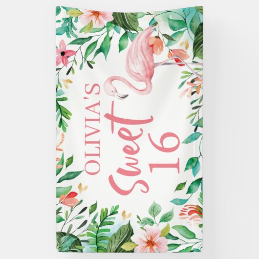 トロピカルスイート16アロハルアウ（ハワイ式宴会）誕生日バナー 横断幕 (縦)