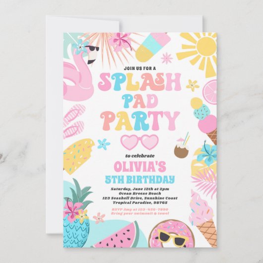 トロピカルスプラッシュパッド夏の誕生日パーティー 招待状 (正面)