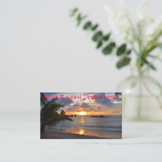 トロピカルセイシェルアイランドパームツリービーチサンセット 名刺 (スタンド正面)