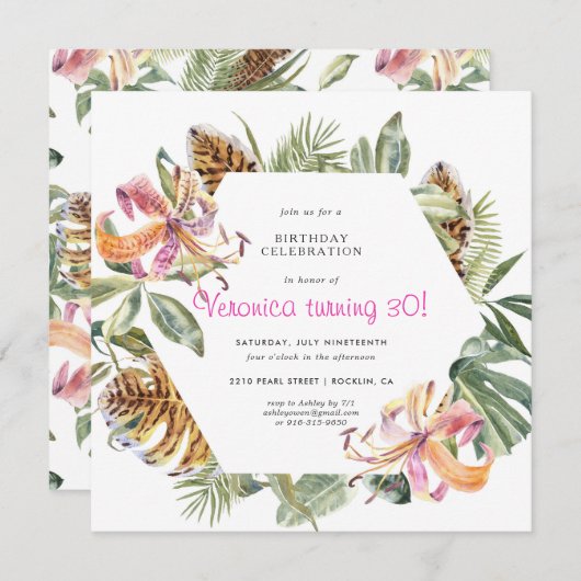 トロピカルタイガーフラワルバースデーパーティー招待状 (正面/裏面)