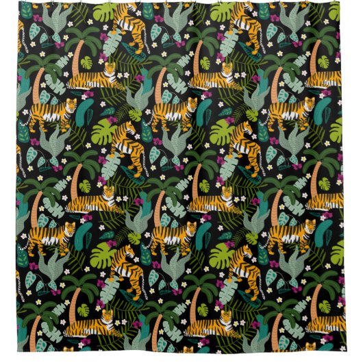 トロピカルタイガーブラック植物性ジャングルサファリキャッツ シャワーカーテン (正面)