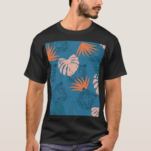 トロピカルタイガー葉深いブルー Tシャツ (正面)