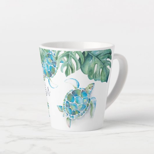 トロピカルターコイズブルーウォーターカラーウミタートルマグ カフェラテマグ (右アングル)