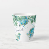 トロピカルターコイズブルーウォーターカラーウミタートルマグ カフェラテマグ (正面)