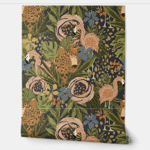 トロピカルチーターとフラミンゴのフローラ壁紙