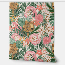 トロピカルチーターとフラミンゴのフローラ壁紙 壁紙