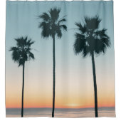 トロピカルティール(緑がかった色)&オレンジサンセットパームツリーシルエット シャワーカーテン (正面)