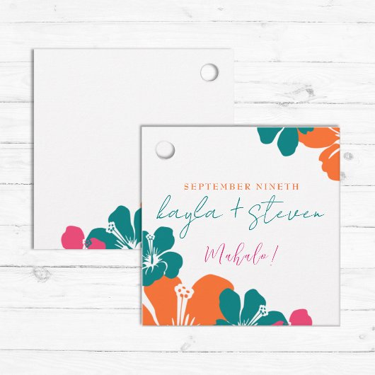 トロピカルティール（緑がかった色）オレンジピンクハイビスカススクエア フェイバータグ