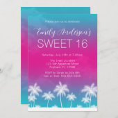 トロピカルティール(緑がかった色)ピンクスウィート16誕生日 招待状 (正面/裏面)